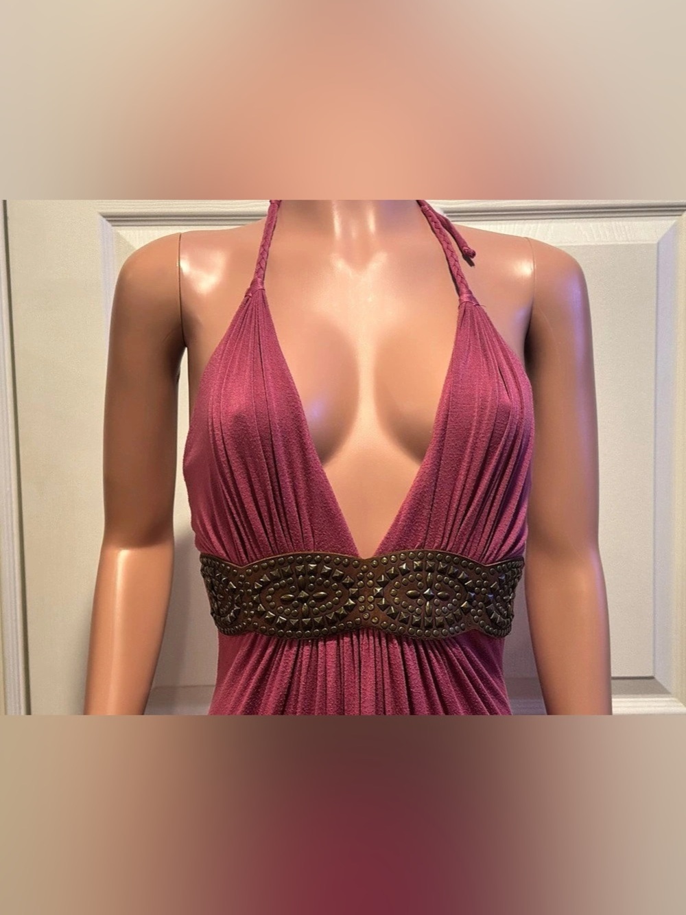 Sky Brand Halter Maxi Dress Mauve Rose Leather Trim Size M - Picture 3 of 9